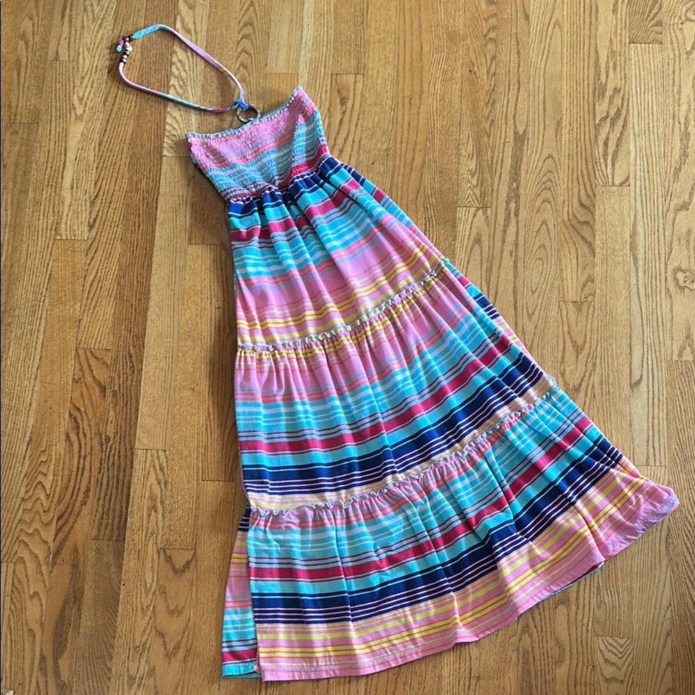 Pink and Blue Ruffled Tiered Halter Sundress